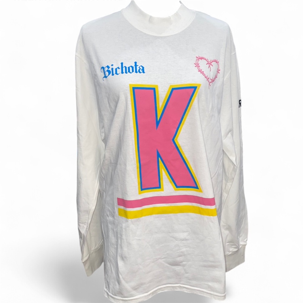 White Long Sleeve Tee with Pink 'K' Graphic